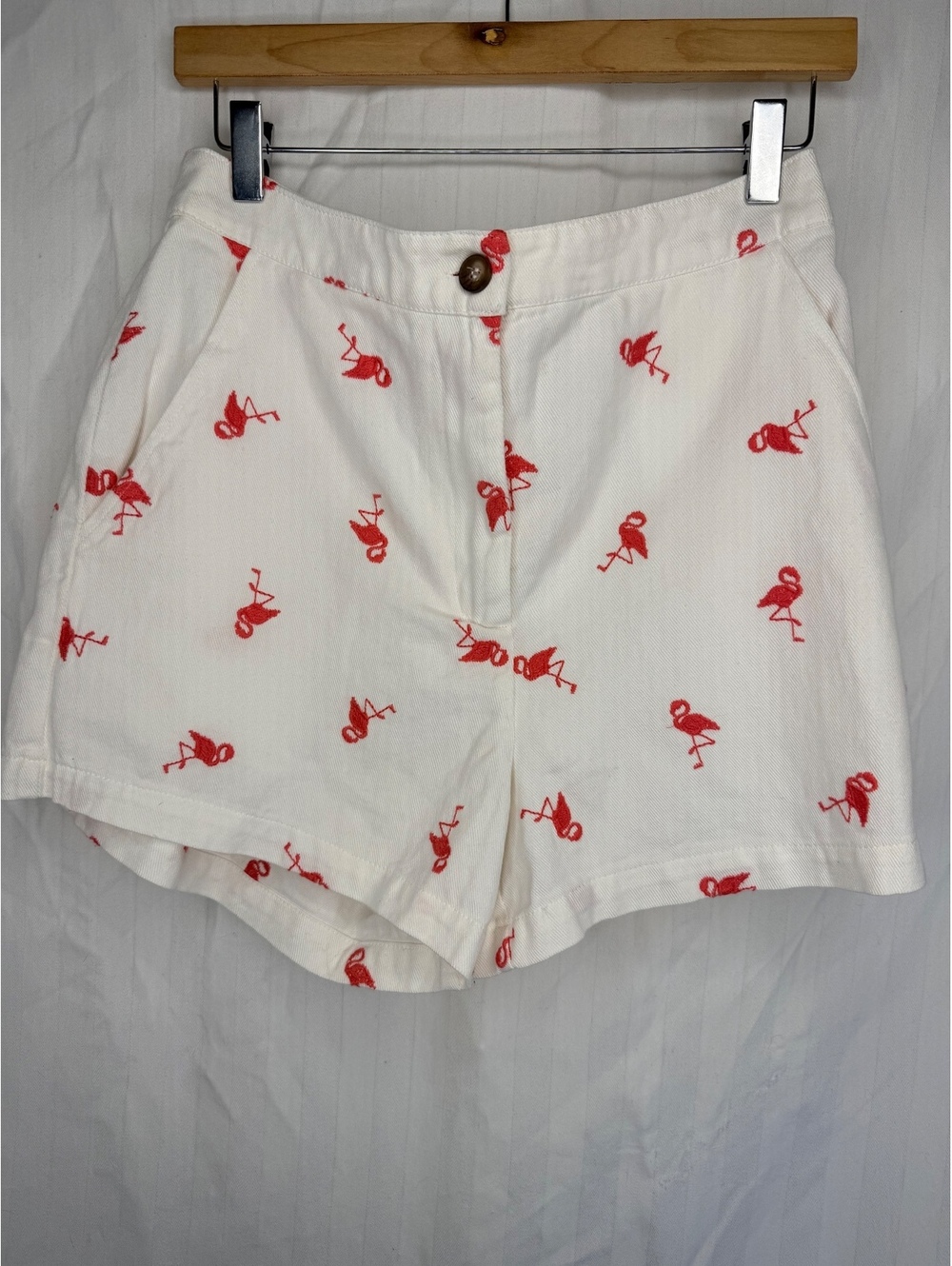 Jun & Ivy Flamingo Embroidered Cotton Shorts NWT White Red Novelty Print M